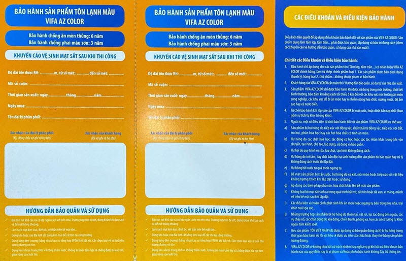 Phiếu bảo hành tôn Việt Pháp