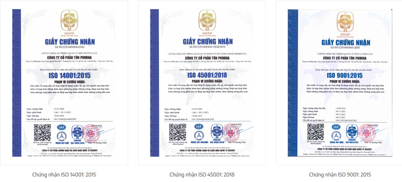 Chứng nhận sản phẩm của tôn Pomina
